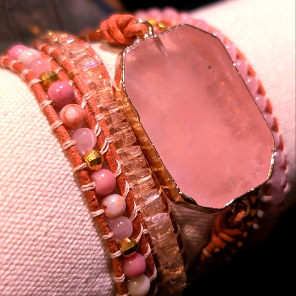 Gorgeous handmade rose quartz BoHo wrap bracelet - Picture 2 of 12